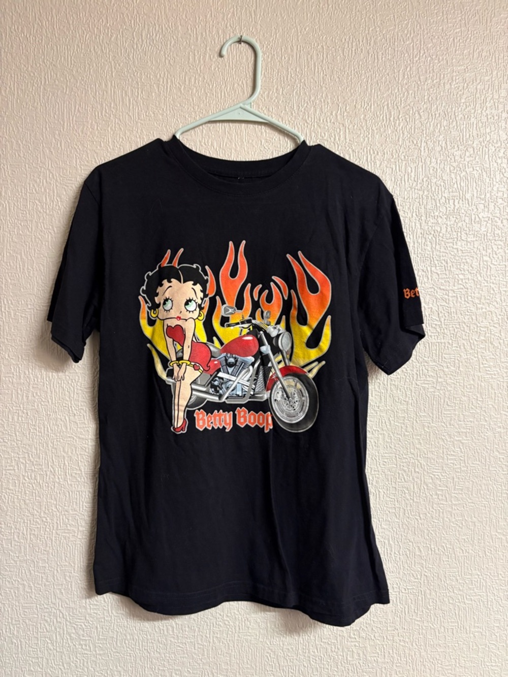 Betty Boop Black Tee with Red Motorcycle and Flame Graphic